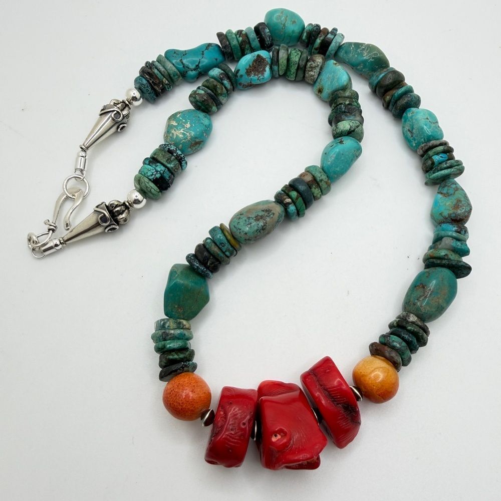 20"‎ Revived Turquoise and Coral beaded necklace with sterling silver hardware!